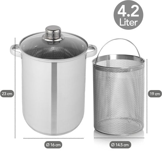 Aviro Aspergepan - Pastapan - Ø 16.5 cm - 23cm hoog - 4,2L - Multifunctioneel - Geschikt Voor Alle Warmtebronnen - RVS