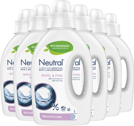 Neutral Vloeibaar Wasmiddel - Parfumvrij en Hypoallergeen - Wol & Fijn - 6 x 20 Wasbeurten - Voordeelverpakking