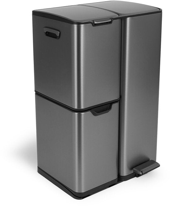 Cleaning prullenbak - 60L - Zacht sluiten - Metaalgrijs - Afval Scheiden 3 bakken - 47 x 39 x 72