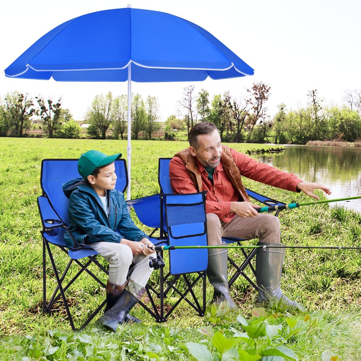 Coast 2-Zits Campingstoel - Met Parasol en Koeltas - Opvouwbaar - Blauw