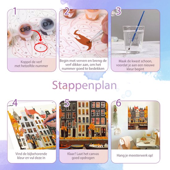 Rubye® Schilderen Op Nummer Volwassenen – Grachtenpand – Inclusief Verf en Penselen – Canvas Schildersdoek - Kleuren op Nummer - 40x50cm
