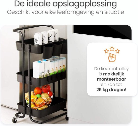 Goliving Keukentrolley op wieltjes - Serveerwagen - Keuken Trolley - Met Haakjes en Bakjes - Verrijdbaar en Vast - 3 Lagen - Zwart