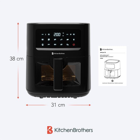 KitchenBrothers Airfryer XL - 6L - 1600W - Heteluchtfriteuse - 50ºC tot 200ºC - 10 Kookprogramma's - Zwart