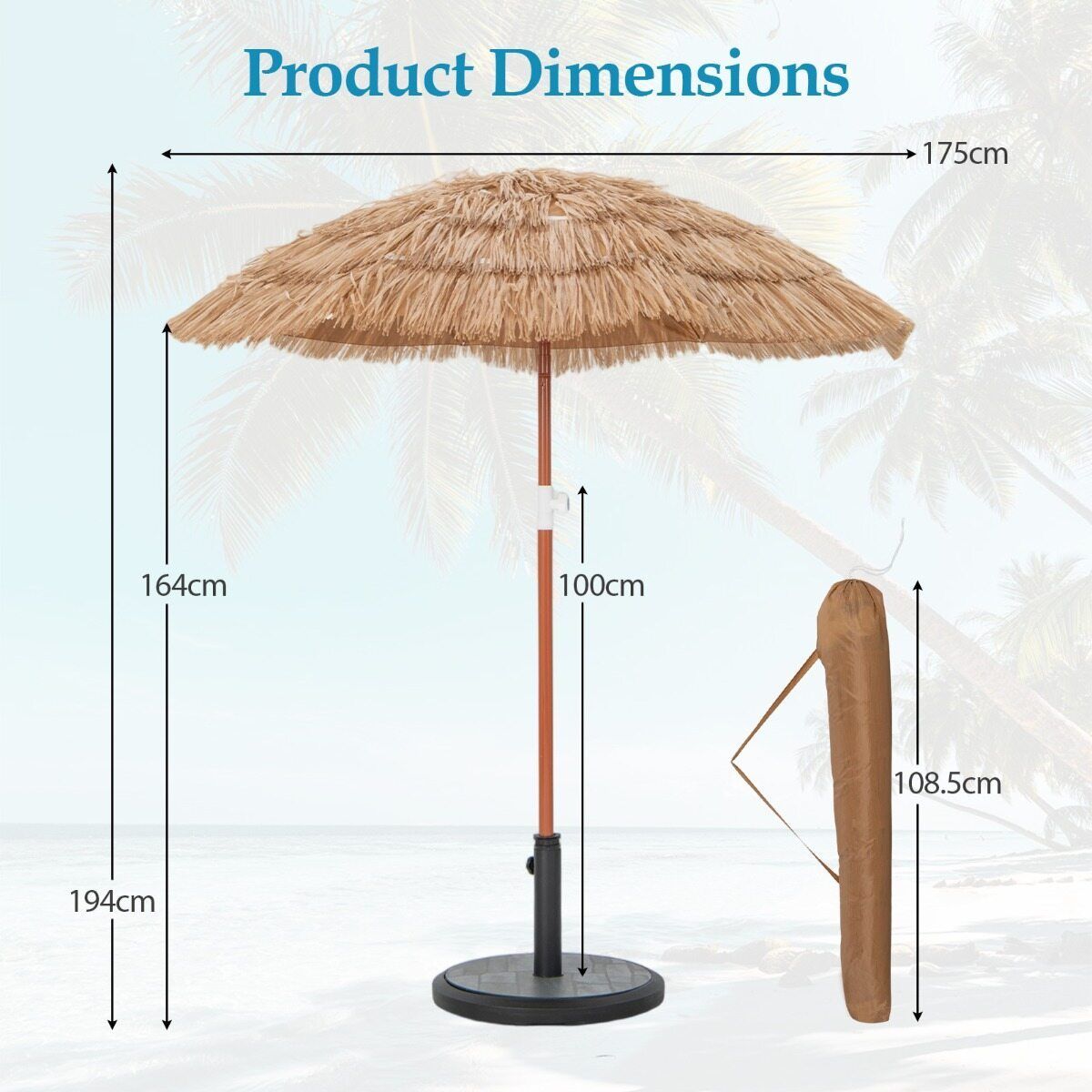 Coast Hawaii Parasolset - Kantelbaar strandparasol - Rieten look - Inclusief draagtas - 175 cm - Beige