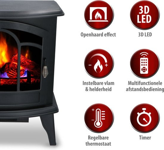 Alpina Elektrische Vicenza - Sfeerhaard - Afstandsbediening en Timer - LED Vlammen - 2000W - Zwart - Met Verwarming