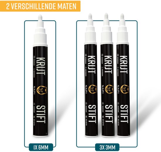 NAPI 4 Krijtstiften Wit - Afwasbaar - Raamstiften 3 & 6mm - Krijtstift Markers voor Krijtbord & Raam - Whiteboard Stiften - Whiteboardmarkers – Glasstiften - Krijtmarker - Porselein - Glas - Incl. 20 Stickers