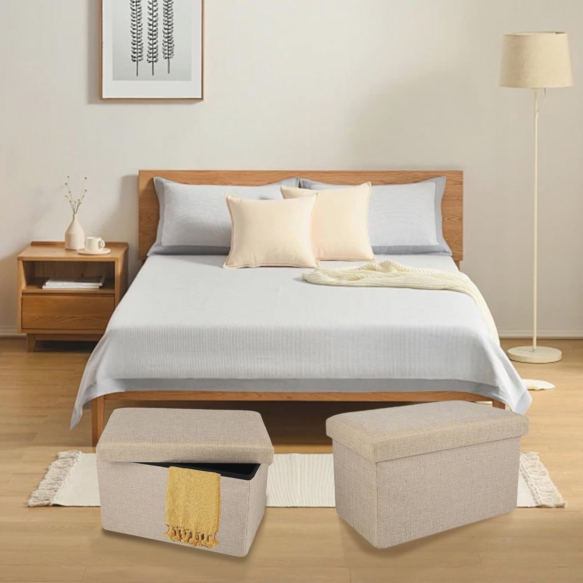 Ceruzo opvouwbare dubbel zits poef met opbergruimte – beige – 76 × 38 × 38 cm – polyester/mdf