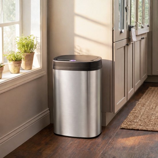 Bayt Prullenbak - Prullenbak 60 Liter - Prullenbak met Sensor - Vuilnisbak - Afvalbak - Metaal - Zilver