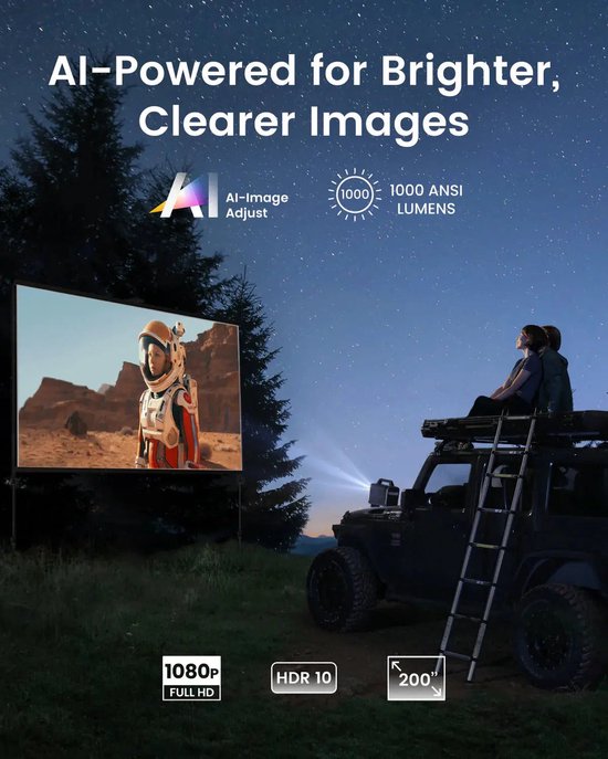 Nebula Mars 3 Zwart Outdoor Projector - 1920x1080 Resolutie - 1000 ANSI Lumen - 185Wh Batterij - IPX3 Waterbestendig - Tot 15 Uur Speeltijd - AI Beeldaanpassing