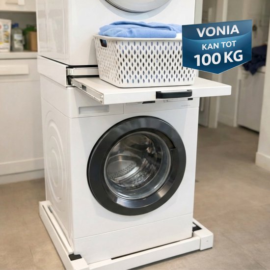 Vonia Tussenstuk Wasmachine Droger - Stapelkit Wasmachine Droger - Universeel - Uitschuifbare werkblad - Wit