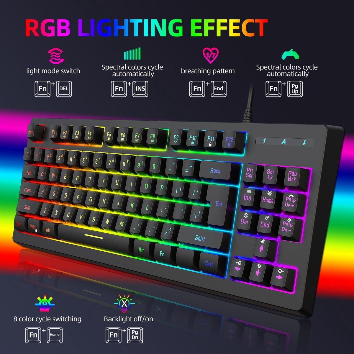 Fuegobird V100 Bedraad Gaming Toetsenborden - Membraan Toetsenbord - RGB Verlichting - TKL - 87 keys - Zwart