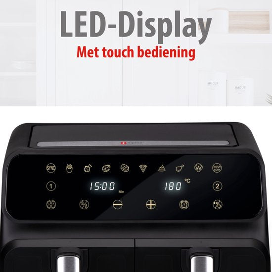 alpina Dubbele Airfryer XXL - Heteluchtfriteuse 2x4L - Air Fryer met Digitaal Touchscreen - Heteluchtoven voor 6 Personen en Meer - 8 Kookprogramma's - Sync-Modus - Timer Functie