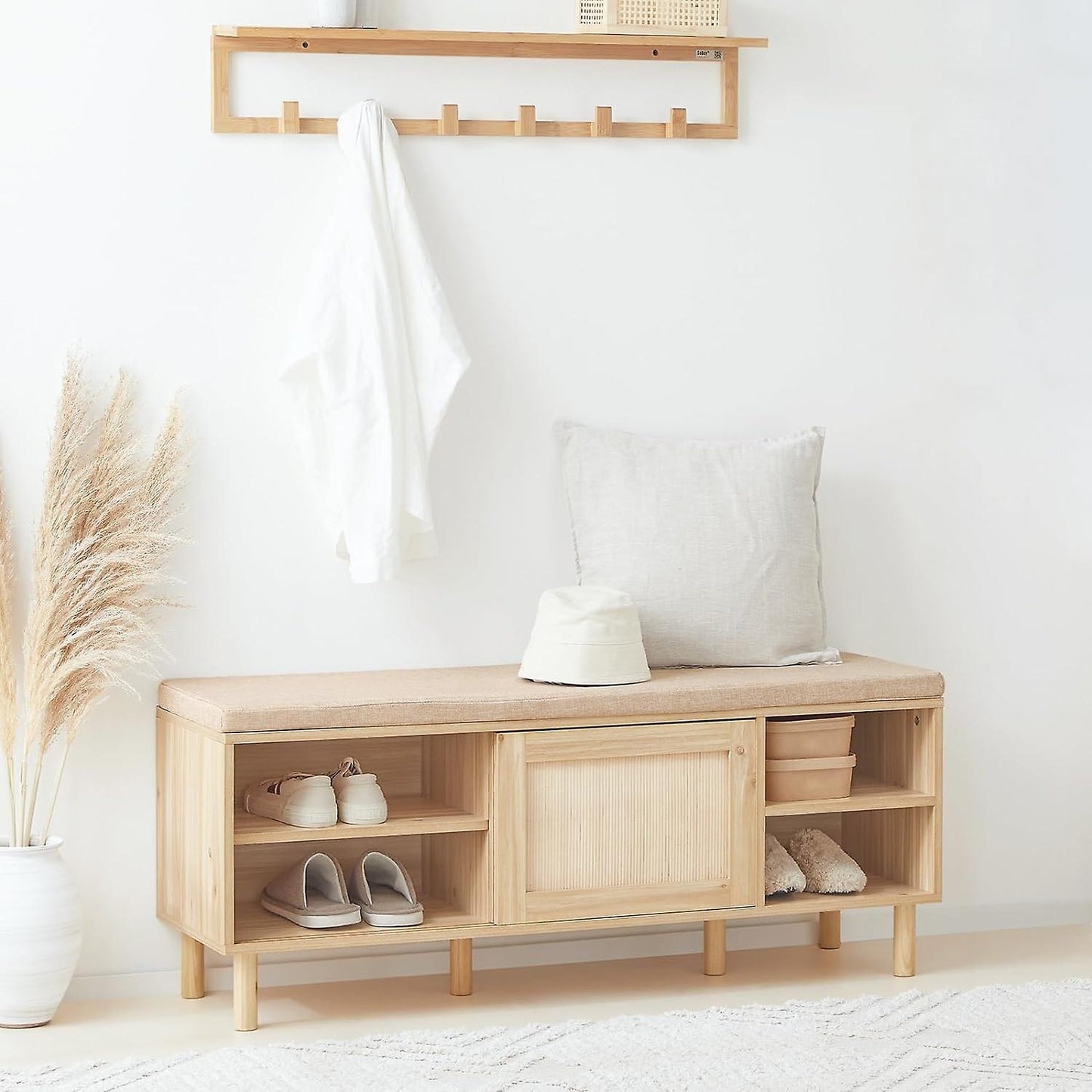 SoBuy Schoenenkast met zitkussen - 2 Schuifdeuren - Landelijk - 1212 x 35 x 49 cm - Bruin