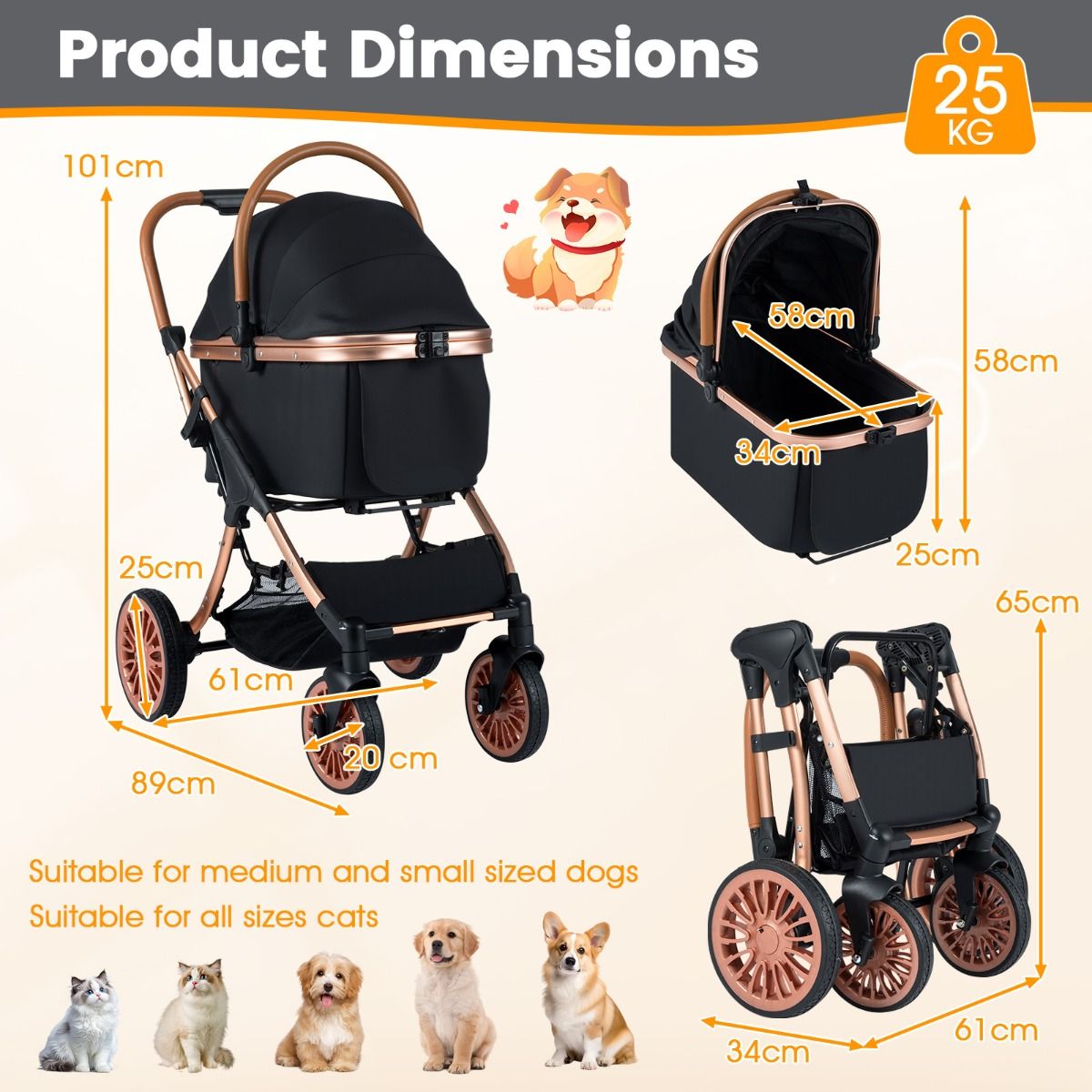 Coast Huisdierenbuggy 3-in-1 - Opvouwbaar - Afneembare mand - Zwart 89 x 61 x 101 cm