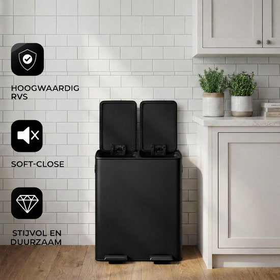Bayt Prullenbak - Prullenbak 60 Liter (2x30) - Vuilnisbak 60 Liter - Pedaalemmer 60 Liter - Prullenbak Afvalscheiding - Prullenbak 2 Vakken - Afvalbak - RVS - Zwart