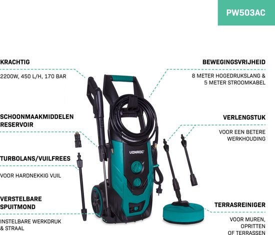VONROC Hogedrukreiniger – Incl. Accessoires & Reinigingstank – 170 bar, 450 l/h – 2200 W – Zwart