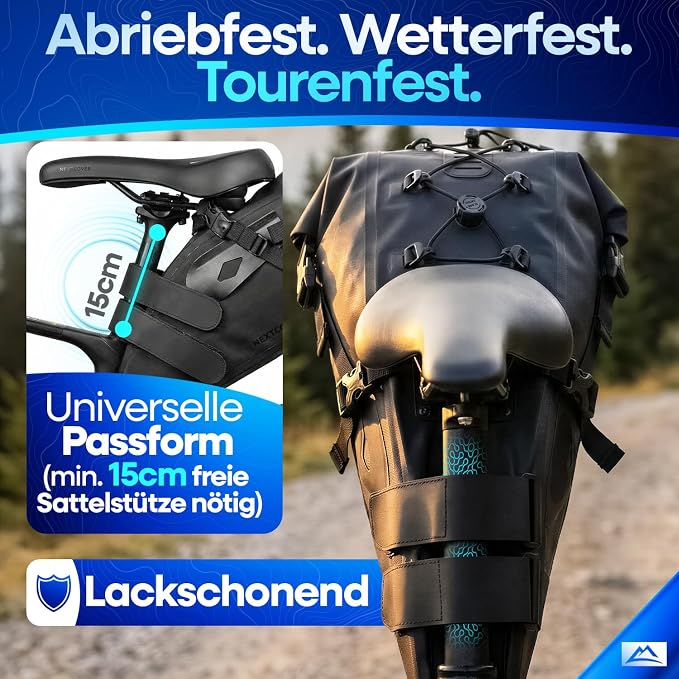 Nextcover Bikepacking Zadeltas 12L - AquaShield TPU - Waterdicht - Zwart