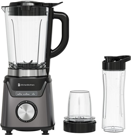 KitchenBrothers Blender Met Drinkfles - 1200W - 1.5L - Smoothie Maker - IJscrusher - Grijs