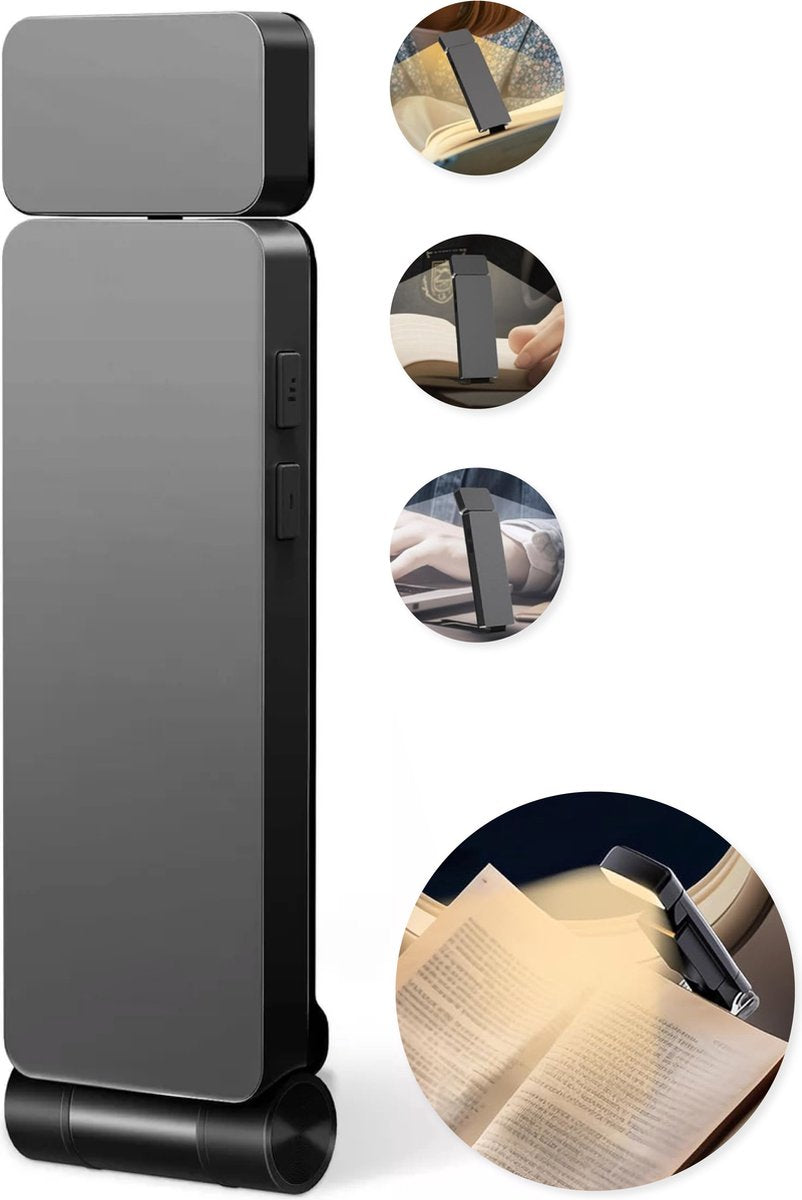 Skoov LED leeslampje met klem - zwart - 3,6 x 1,4 x 11,5 cm - 80 uur leesplezier - dimbaar - USB-C oplaadbaar