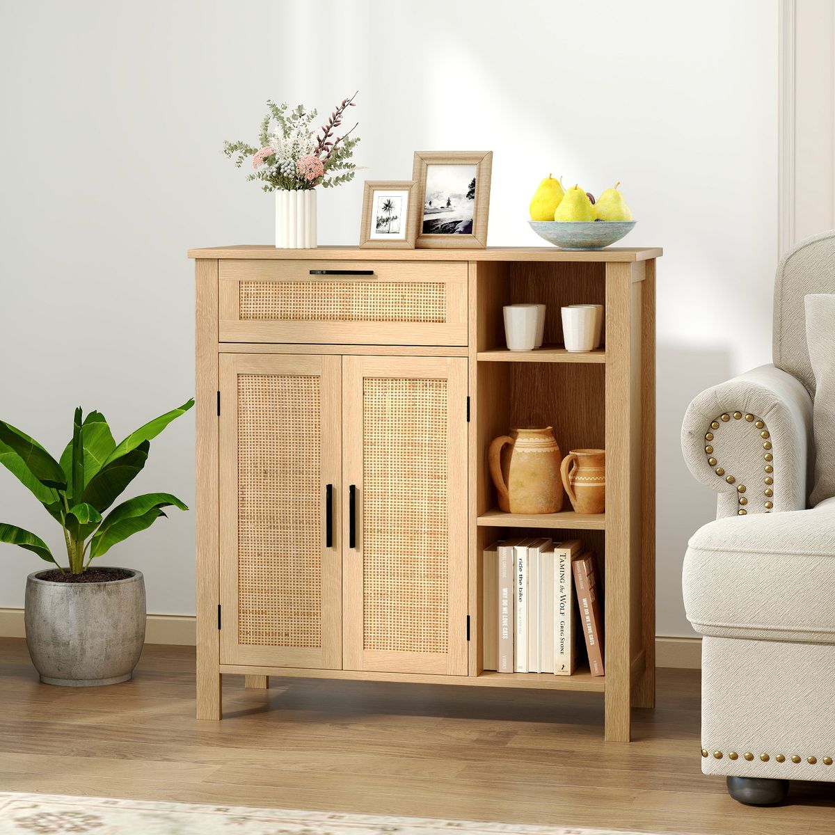 Coast Houten Dressoir - Rotan deuren en lade - Verstelbaar rek - Naturel 75 x 30 x 80 cm