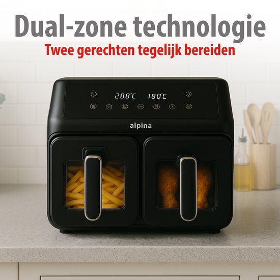 alpina Dubbele Airfryer XXL - Heteluchtfriteuse 2x4L - Air Fryer met Digitaal Touchscreen - Heteluchtoven voor 6 Personen en Meer - 8 Kookprogramma's - Sync-Modus - Timer Functie