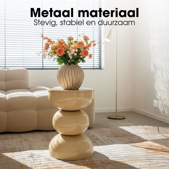 Mica Decorations Luna Bijzettafel - Bijzettafel Rond H46 x Ø32 cm - IJzeren Tafeltje voor Slaapkamer of Woonkamer - Nachtkastje of Plantentafeltje - Beige