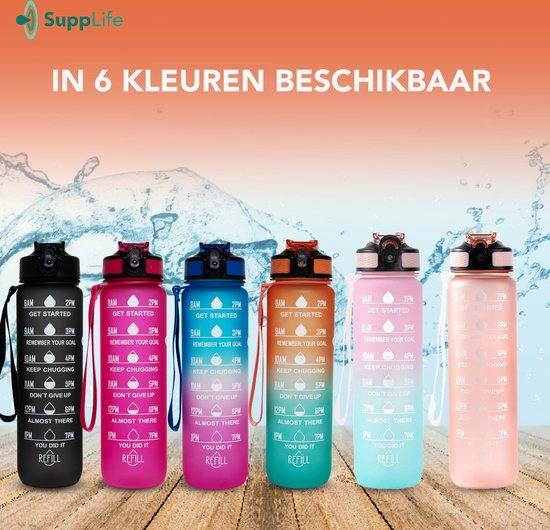 Supplife Bidon - 1 Liter - met Rietje - Motivatie - Sportbidon - BPA Vrij - Rose Goud