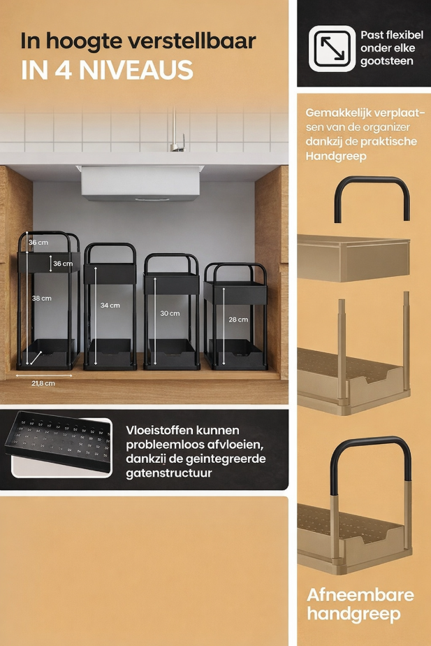 Heldenwerk Gootsteenorganizer - 2 Laags - In hoogte verstelbaar - 40 x 22 x 38 cm - Zwart