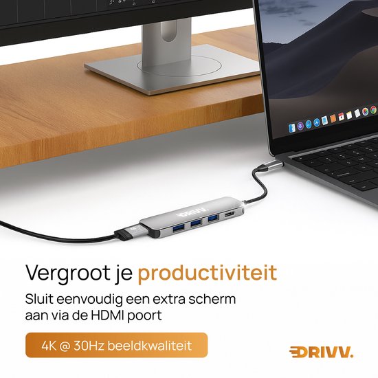 Premium USB C Hub 5 in 1 - HDMI 4K 30Hz - PD 100W - USB 3.0 - USB 20 - USB Splitter - Adapter - Space Grey