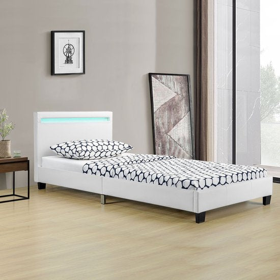 Gestoffeerd Bed Verona - 90 x 200 cm - Wit - LED Verlichting