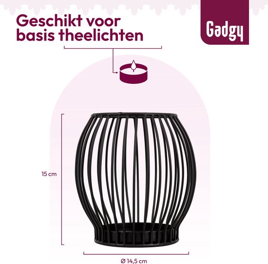Gadgy Waxinelichthouder Rond - Theelichthouder Klein - Decoratie Woonkamer - Sfeerverlichting Binnen - Kaarsenhouders voor Waxinelichten 14.5x15 cm - Windlicht Metaal - Zwart - Cadeau voor Vrouw