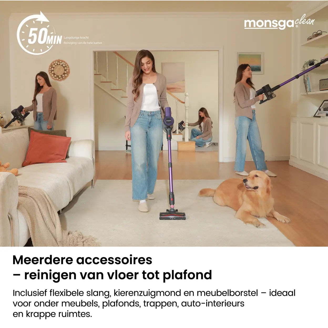 Monsga M100 Draadloze Steelstofzuiger 55.000 Pa - 45 Min Gebruiksduur - 1,8 L Stofreservoir - LED-touchdisplay - Anti-klit Borstel - Groen LED-licht