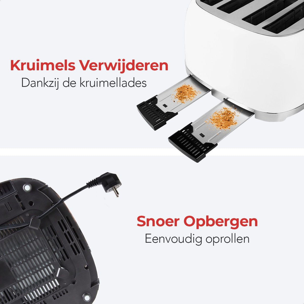 KitchenBrothers Retro Broodrooster - 6 Warmteniveaus - 4 Extra Brede Sleuven - 1630W - Reheat en Ontdooi-functie - Wit