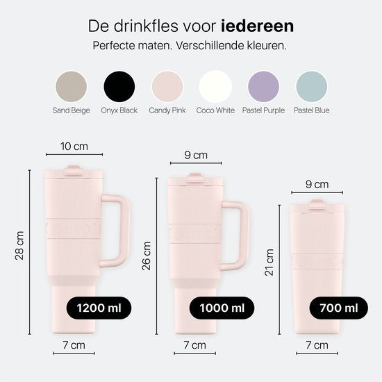 ONYX Drinkfles met Rietje 1 Liter - Waterfles voor Kinderen & Volwassenen - Thermosbeker RVS Travel Mug - Motiverende Drinkbus - Drinkbeker voor School - Candy Pink