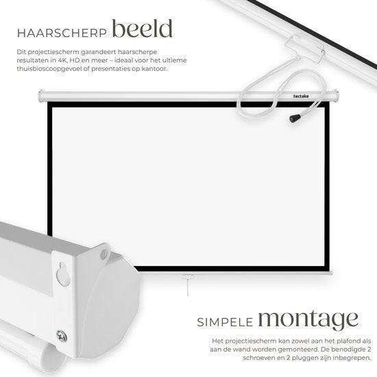tectake® Beamer Scherm - 84 Inch (214 cm) - 16:9 Projectiescherm - Wand of Plafond Montage - 4K HD - Oprolbaar - Uittrekbaar - Projectiedoek - Presentatiescherm - Home Cinema - Inclusief Montagemateriaal