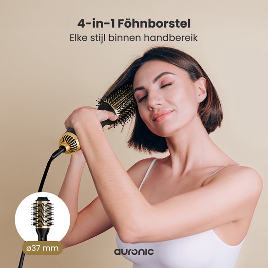Auronic 4-in-1 Föhnborstel - Airstyler - Kammen - Stijlen - Krullen - Föhnen - 37 mm Krulborstel - 360 Graden Airflow - Zwart/Goud