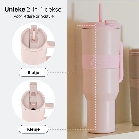 ONYX Drinkfles met Rietje 1 Liter - Waterfles voor Kinderen & Volwassenen - Thermosbeker RVS Travel Mug - Motiverende Drinkbus - Drinkbeker voor School - Candy Pink