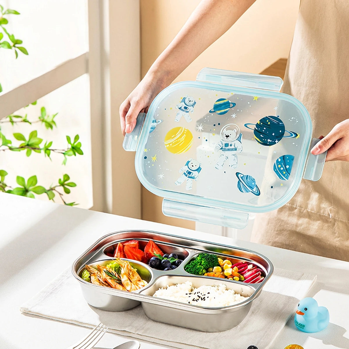Maxcook Bento Lunchbox – 4 Vakken – 316 Roestvrij Staal – Ruimtevaartdesign – MCWA5499ontainer with Space Astronaut Pattern Lid, Portable Lunch Container for  Office Picnic MCWA5499