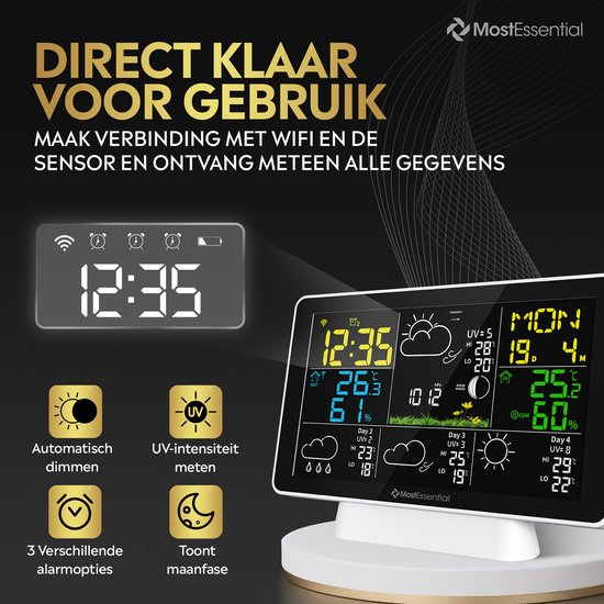 MostEssential Weerstation Wifi Edition - Plug & Play Installatie - Draadloos - Weerstation met Buitensensor - Hygrometer - Binnen en Buiten - 150 Meter Bereik - Inclusief App - Wit - 1 sensor