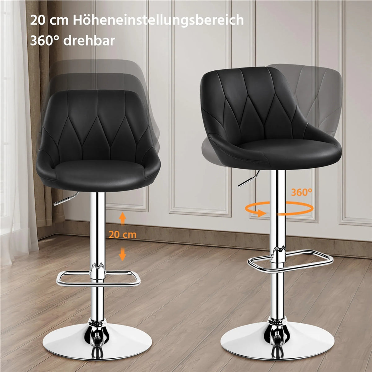 Yaheetech Set van 2 Verstelbare Barstoelen met Rugleuning 86-107,5 cm – Strak Zwart – Kunstleder en Metaal