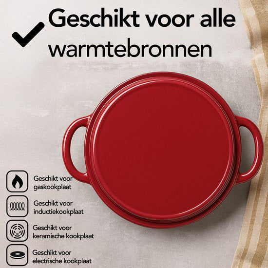 Aviro Gietijzeren Braadpan - Ø26CM - 5L - Alle Warmtebronnen Incl. Inductie - Stoofpot - PFAS-vrij - Met Deksel - Rood