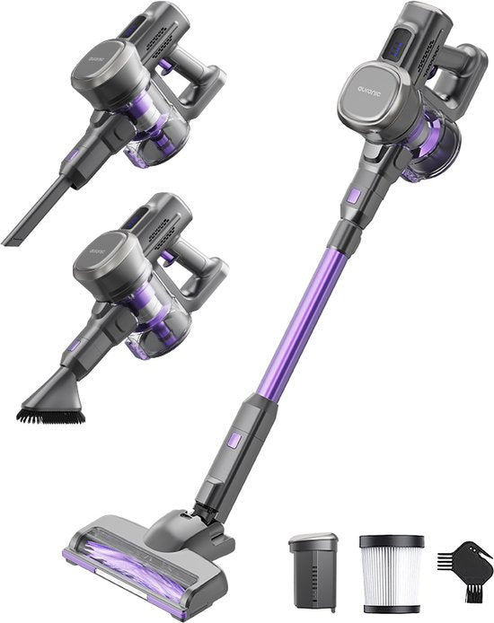 Auronic Steelstofzuiger Draadloos - Zelfstaande Steelstofzuiger - Zonder Zak - 220W - Vacuum Cleaner - Grijs/Paars