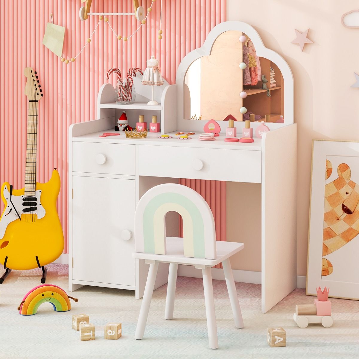 Coast Kinderkaptafelset - wolkvormige spiegel - 2-in-1 kaptafel met kruk - wit