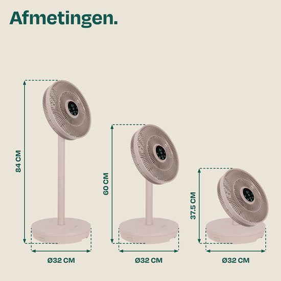 VONROC BREEZE Draadloze Ventilator – Fluisterstil (<44 dB) – 24 snelheden – lichtgewicht en draagbaar - 3 windmodi: Natuurlijk, Slaap, Normaal – Modulair: tafelventilator én vloerventilator – Luxe touch display – Incl. afstandsbediening – Beige