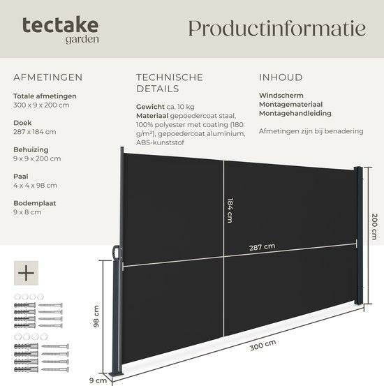 tectake® Uitschuifbaar Windscherm met Oprolmechanisme - 300 x 200 cm - Zijluifel met Aluminium Frame- Zonnescherm - Tuinscherm - Zwart Balkonscherm - Ondoorzichtbaar Privacyscherm - Markiesdoek
