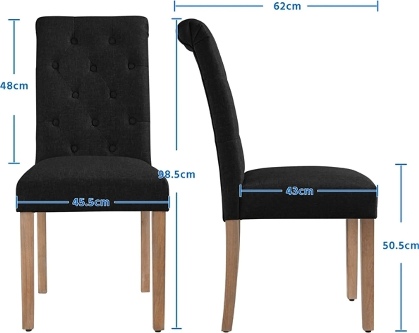 Yaheetech Eetkamerstoel Met Hoge Rugleuning 2 Stuks – Voorzien Van Gecapitonneerde Rug En Massief Eikenhouten Poten En Verstelbare Beschermpoten – Voor Keuken En Restaurant – Zwart Polyester En Eikenhout – 45,5 x 62 x 98,5 cm