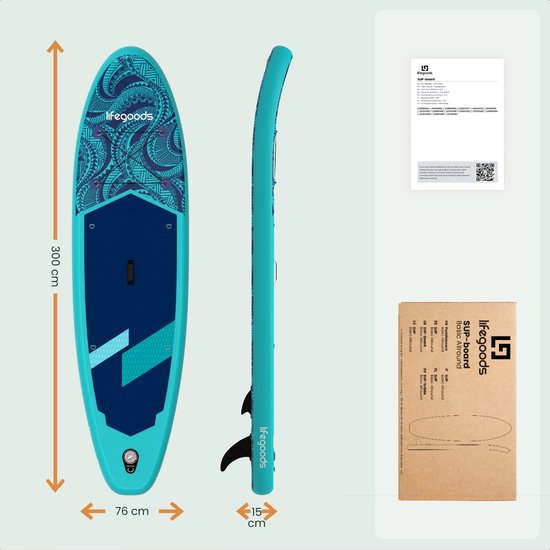 LifeGoods SUP Board Allround Compact - 100 KG Draagkracht - 300 x 76 cm - Opblaasbaar - Compleet SUP pakket - Blauw