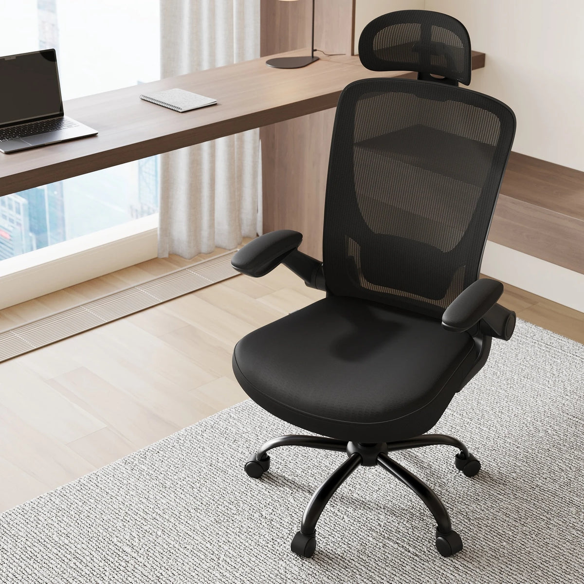Joyfurnos Ergonomische Bureaustoel Mesh - Verstelbare Lendensteun en Hoofdsteun - Kantelfunctie - 64 x 64 x 115-130 cm - Inktzwart