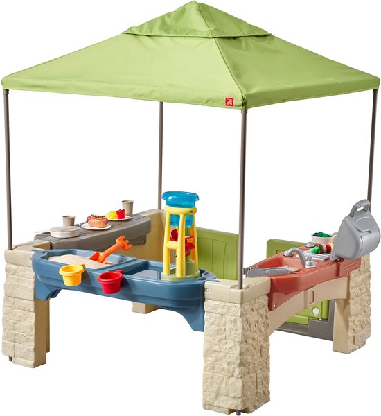 Step2 All Around Playtime Patio with Canopy Speelhuis - Patio van kunststof - Geschikt voor kinderen in Rolstoel en Mindervaliden - Met Speelkeuken & accessoires - Zand en water speelgoed