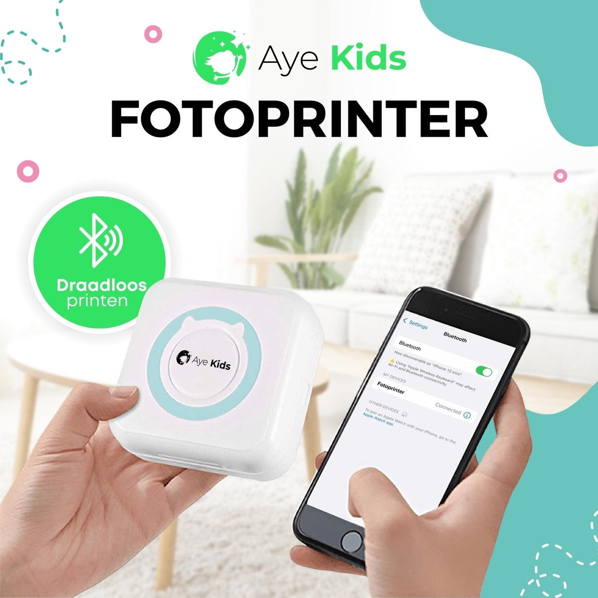 AyeKids Fotoprinter voor Smartphone met Wifi & Bluetooth - Incl. 1 Rol Fotopapier - Draadloze Mini Printer - Wifi Printer - Mobiele Fotoprinter Draadloos - Pocket Printer - Blauw